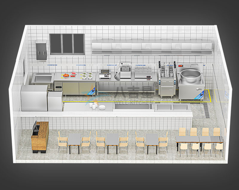 中型中餐厅汤粉面粥厨房工程3d效果图